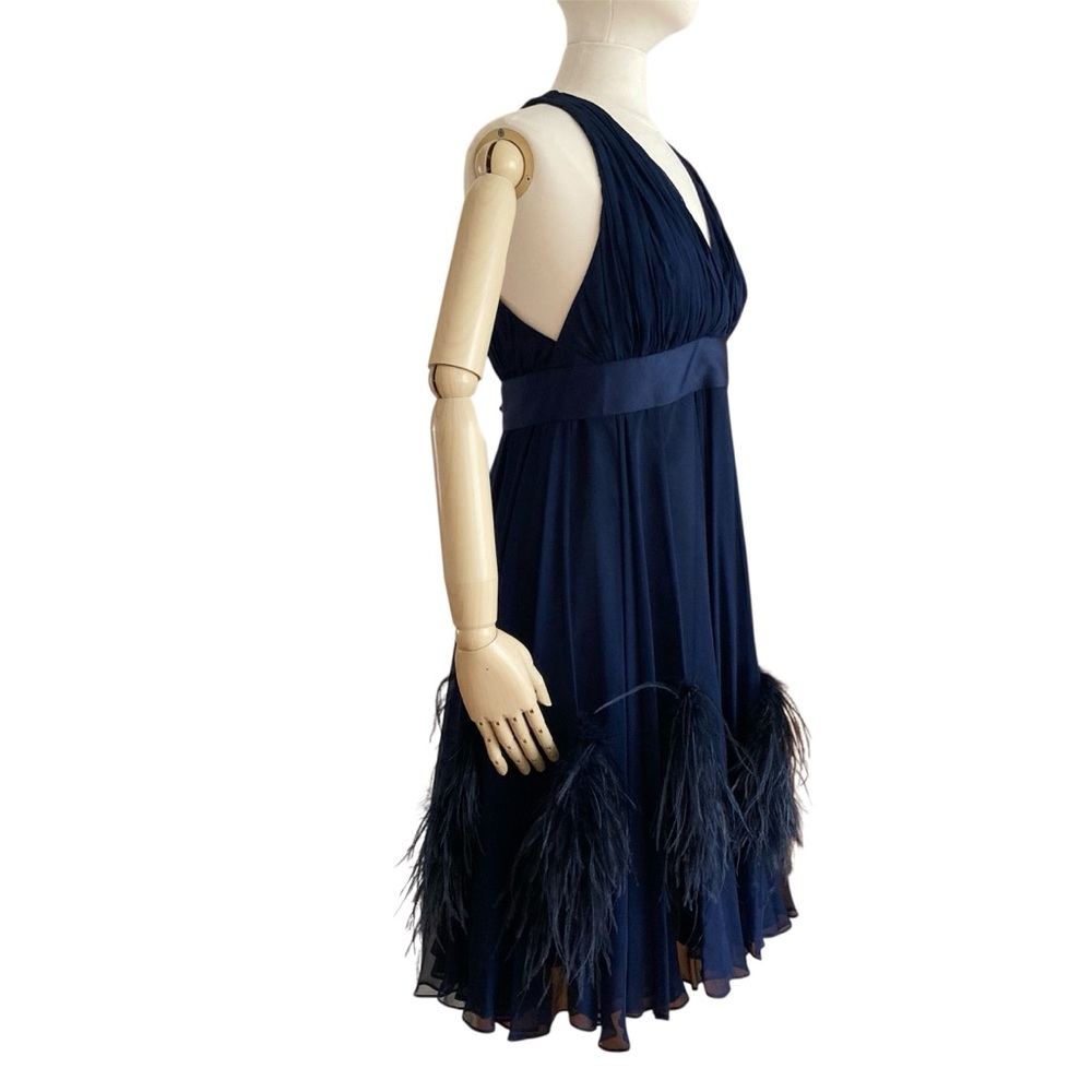 BETSEY JOHNSON | Gold Label Silk Halter Evening Dress 10 Feather Trim Prom NWT